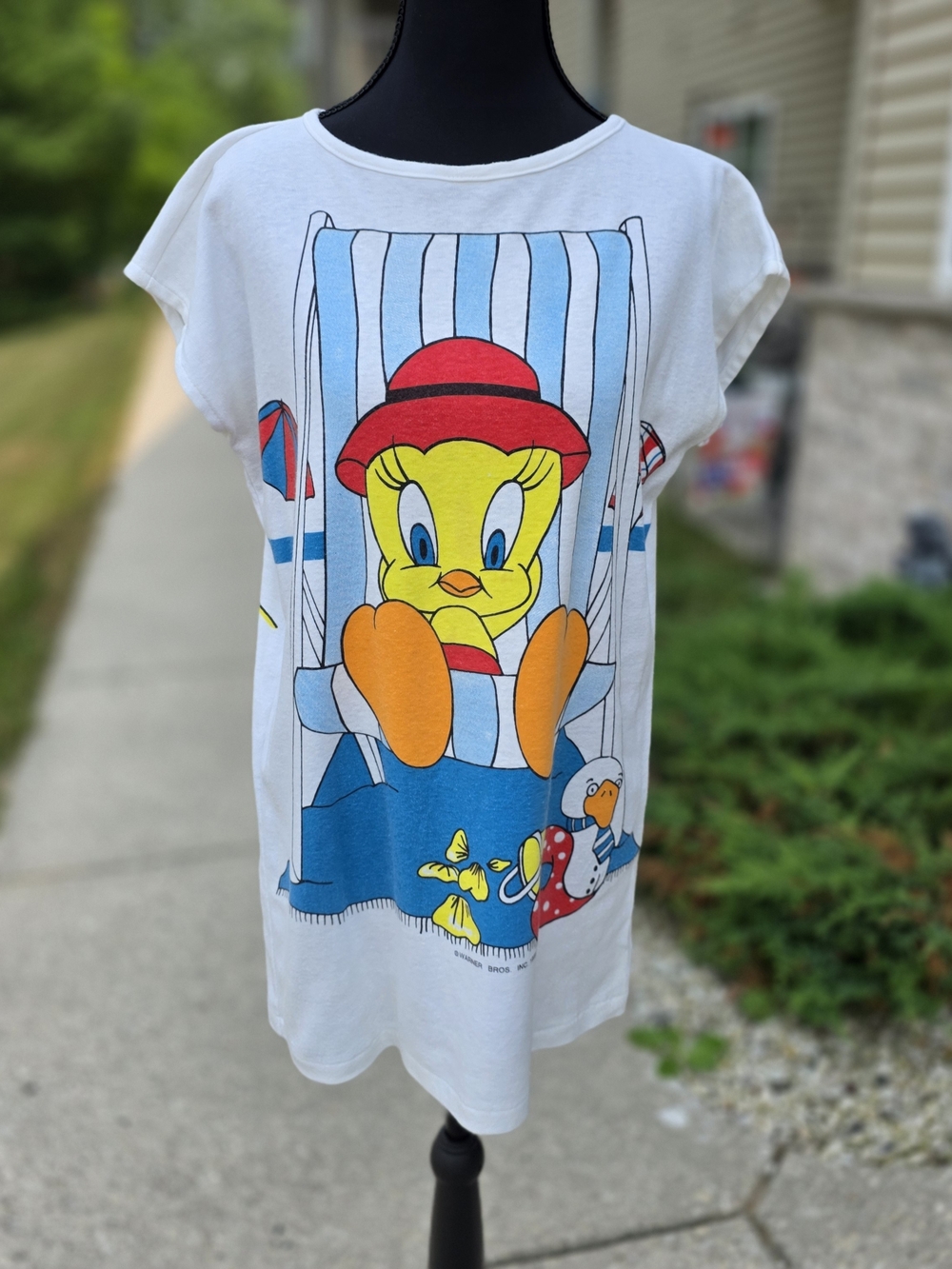 Tweety Bird Looney Tunes Beach Graphic Tee B.J. Frog USA Women's Medium Vintage